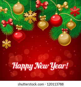 Vector illustration of Christmas/New Year decor: tree, balls, bows, snowflakes. Colorful background for your design of greeting cards, invitations, congratulations