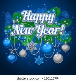 Vector illustration of Christmas/New Year decor: tree, balls, bows, snowflakes. Colorful background for your design of greeting cards, invitations, congratulations