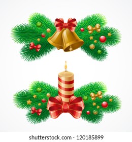 Vector illustration of Christmas/New Year decor: candle, tree, balls, bows, bells. Colorful elements for your design of greeting cards, invitations, congratulations