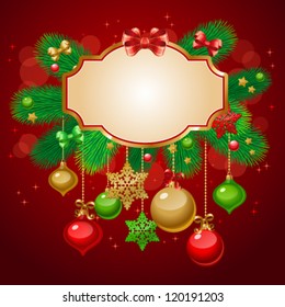 Vector illustration of Christmas/New Year decor: tree, balls, bows, snowflakes. Colorful background with frame for your design of greeting cards, invitations, congratulations