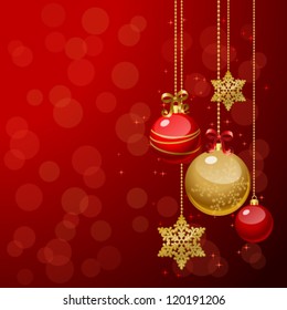 Vector illustration of Christmas/New Year decor: tree, balls, bows, snowflakes. Colorful background for your design of greeting cards, invitations, congratulations