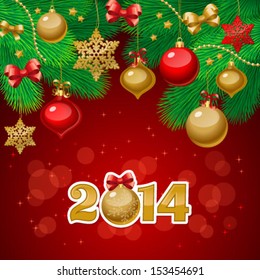 Vector illustration of Christmas/New Year decor: tree, balls, bows, snowflakes. Colorful background for your design of greeting cards, invitations, congratulations