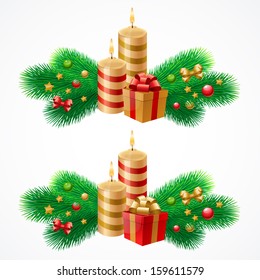 Vector illustration of Christmas/New Year decor: candle, tree, balls, bows. Colorful elements for your design of greeting cards, invitations, congratulations