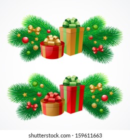 Vector illustration of Christmas/New Year decor: gift box, tree, balls, bows. Colorful elements for your design of greeting cards, invitations, congratulations