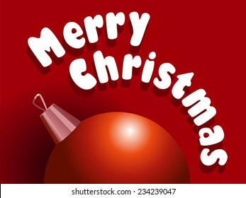 Vector illustration of Christmass card with red decoration ball on red background.