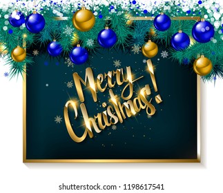 vector illustration Christmas-tree branch with hanging christmas ornaments and garland and the greetings text - Merry Xmas - and happy new year.