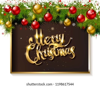 vector illustration Christmas-tree branch with hanging christmas ornaments and garland and the greetings text - Merry Xmas - and happy new year.
