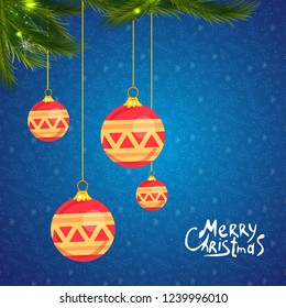 Vector illustration Christmas-tree branch with hanging christmas ornaments and garland and the greetings text - Merry Xmas - and happy new year.