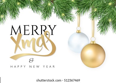 vector illustration Christmas-tree branch with hanging christmas ornaments and garland and the greetings text - Merry Xmas - and happy new year.