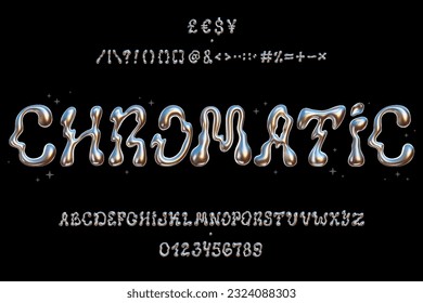 Ilustración vectorial - Conjunto de alfabeto cromado Y2K. Fuente de moda con efecto de metal líquido brillante. Excelente para su diseño web o proyectos de impresión. 
