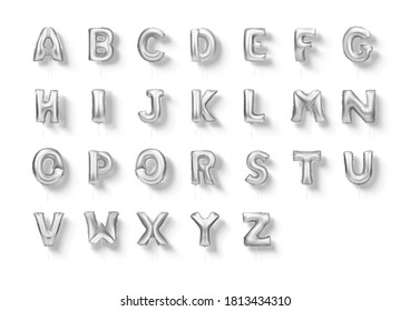 Vector Illustration. Chrome Letters Foil Balloons Alphabet A To Z 3d Realistic Font Set.