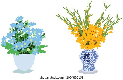 vector illustration of chrysanthemum vase and gladiolus vase