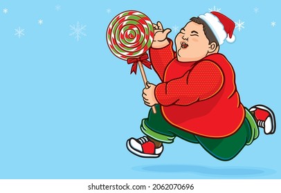 Vector illustration of chubby asian boy wearing santa hat, holding big lollipop candy, snowflakes for Christmas decorations, happy holiday, on blue blackground, Merry Christmas,Happy New Year concept.