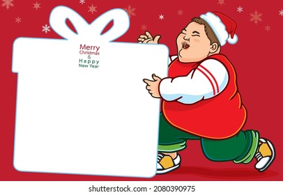 Vektorgrafik des chubby-asiatischen Jungen mit Weihnachtsmütze, der weiße Grußschilder hält, auf leeren Raum zeigt, Weihnachtsgeschenkbox-Form für Text, Schneeflocken, Frohe Weihnachten, Happy New Year, auf Rot.