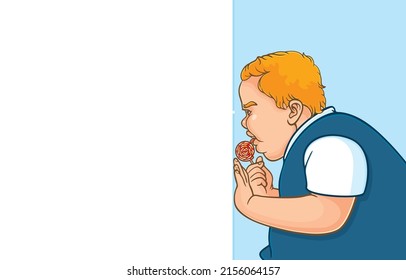 Ilustración vectorial de un chico gordito con el pelo rubio mirando a través de un pequeño agujero en otro lado de la pared tenía una actitud astuta, escondiéndose, sosteniéndose, lamiendo el chupete. Tómense travieso, no teman a la culpa, la curiosidad del niño.