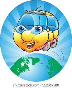 vector illustration of a chubby car around the earth globe. The source of the map used for reference: https://www.cia.gov/library/publications/the-world-factbook/maps/refmap_time_zones.html