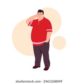 Ilustración vectorial de un hombre gordito aislado sobre fondo blanco. Escena de caricatura de un hombre triste y con sobrepeso con doble barbilla y gran vientre, con una camiseta roja con rayas rosas y pantalones oscuros.