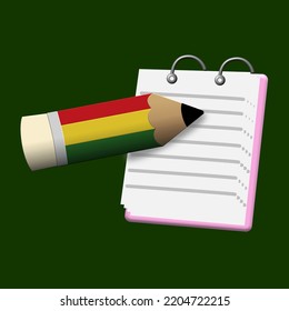 vector illustration of a chubby pencil A sharp red-yellow-green with a curved notebook on green background.