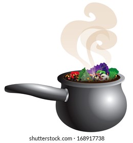 Vector Illustration of a Chunky Vegetable Soup Pot Steaming with smoke.