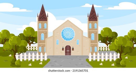 Vector illustration of church. Cartoon urban buildings with fences, flowers, trees.