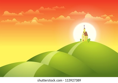 Vector illustration of a church on top of the hill with the sunset at the background.