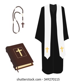 Vector illustration church prayer priest pastor or preacher clothing costume. Brown closed Holy Bible and rosary beads with cross vector isolated