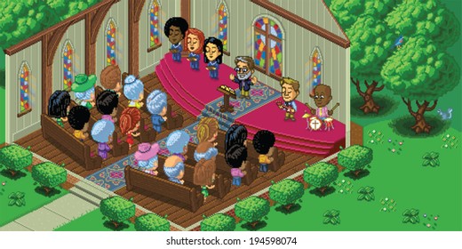 Vector illustration of a church service in a cute cartoon video game pixel art style. The scene is located in a forest setting and is rendered in isometric perspective. 