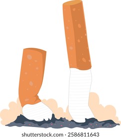 Vector illustration of cigarette butts in ashes, representing smoking addiction, health risks, and environmental pollution. Ideal for anti-smoking campaigns, no smoking signs, and healthcare awareness