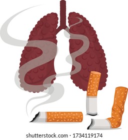 Ilustración vectorial de colillas de cigarrillos y fumadores ligeros. Pulmones de un fumador
