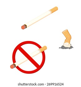 A vector illustration of a cigarette depicting a no smoking concept. Cigarette Smoking. Cigarette with a no smoking symbol.