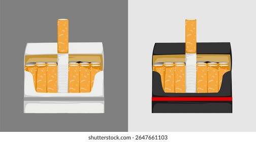 Ilustração vetorial de um maço de cigarros com um cigarro em destaque. Adequado para campanhas antitabagismo, conscientização sobre saúde e projetos de design relacionados ao cigarro.