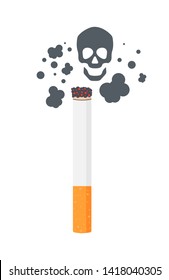 Vector illustration with cigarette, smoke and skull. No smoking