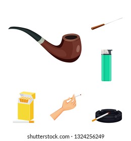 Vector illustration of cigarette and tobacco symbol. Collection of cigarette and nicotine vector icon for stock.