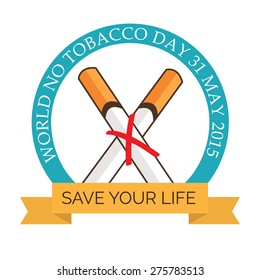 Vector illustration of a cigarette with yellow ribbon for World No Tobacco Day in white background.