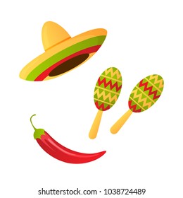 Vector illustration for Cinco de Mayo. Symbols of the Mexican holiday. Maracas, sambrero, red pepper.
