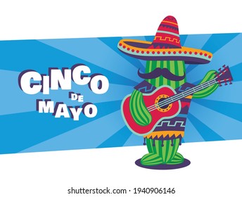 Vector illustration of Cinco de Mayo. Сartoon character playing guitar. Holiday banner
