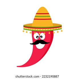 Vector illustration for Cinco de Mayo with chili pepper. Chili pepper in sombrero.