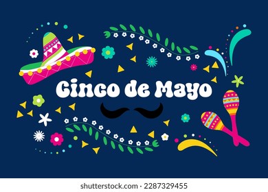 Ilustración vectorial de Cinco de Mayo con letras, sombrero, maracas y flores. Luminoso y divertido fondo de vacaciones sobre fondo azul oscuro   