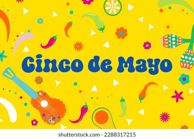 Vector illustration for Cinco de Mayo with lettering, guitar and chilli papper. Bright and fun holiday background on yellow backdrop	