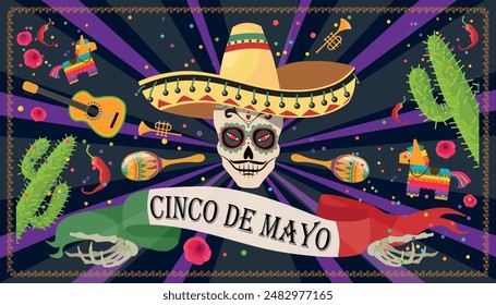 Vektorillustration von Cinco de Mayo. Cartoon-Szene des nationalen mexikanischen Feiertags mit Symbolen: Schädel mit Hut, Flagge, Maracas, Gitarre, Trompete, Kakteen, Pinatas, Chili-Paprika isoliert auf dunklem Hintergrund.