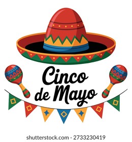 Vector illustration of Cinco de mayo card with red hat and colorful flags suitable for holiday celebration mexican theme or festive decorative artwork