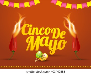 Vector illustration of Cinco De Mayo celebration typography red chili background.