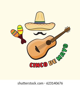Vector illustration of Cinco de Mayo celebration background. Guitar, whiskers, maracas; sombrero. Mexican Holiday