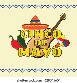 Vector illustration of Cinco de Mayo celebration background. Guitar, jalapenos, maracas; sombrero. Mexican Holiday