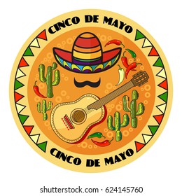 Ilustración vectorial del Día Cinco Gos Mayo.  Caricatura Sombrero, guitarra, pimienta, cactus y bigote.  Tarjeta de felicitación redonda del 5 de mayo.