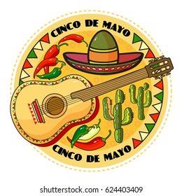 Vector illustration of Cinco ge Mayo Day.  Cartoon  Sombrero, guitar, pepper and cactus.  5 May round greeting card.