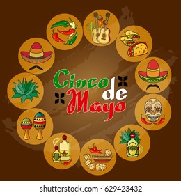 Vector illustration of Cinco ge Mayo Day.  Cartoon  Sombrero, guitar, pepper, cactus and skull.  5 May greeting card.