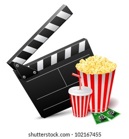 Vector illustration of cinema clap with popcorn and drink