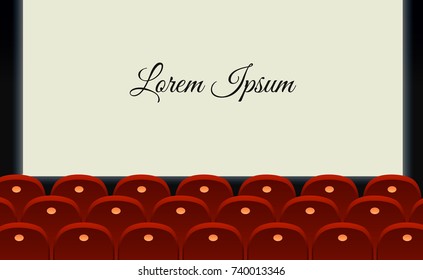 Vector illustration cinema hall with glowing blank screen with place for text and empty red seats in line style.