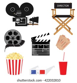 Vector illustration cinema icon set with director chair, cinema flap, retro movie projector, 3d glasses, cinema tickets, popcorn, drink and film strip